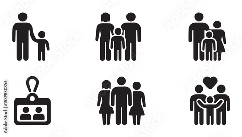 Family and parenting icon set showing various group compositions with children and parents