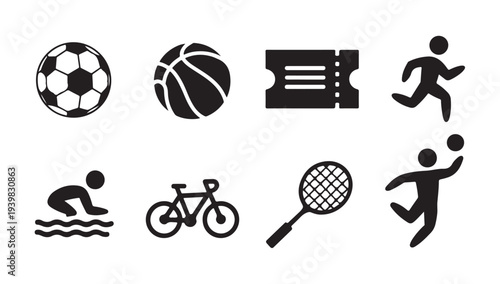 Recreational sport icons featuring ball games cycling track running and athletic equipment