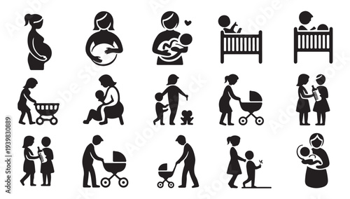 Mother and baby bonding icon set featuring pregnant women, mothers, and toddlers