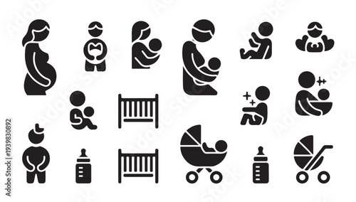 Maternity and newborn care icon set featuring pregnancy, breastfeeding, and baby essentials