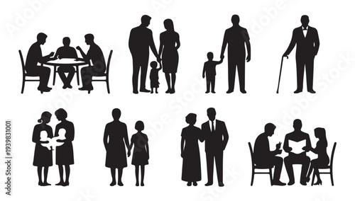Family relationship silhouettes featuring diverse age groups from babies to senior citizens