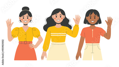 A Vibrant Flat Cartoon-Style Illustration Showcasing Three Diverse Women Waving Hello with Friendly Expressions and Casual Attire, Perfect for Lifestyle and Social Themes