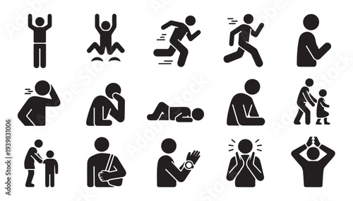 Human emotions and action icons depicting various physical movements and mental states set