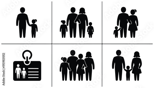 Family composition icons including group portraits and identification card layout silhouettes