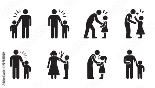 Father and mother bonding with child icons representing love care and gentle interaction set