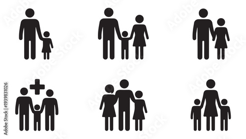 Family stick figures vector illustration set including parents, children, and a cross symbol