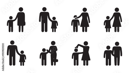 Various family figures vector icon set illustrating adults and children in different pairings