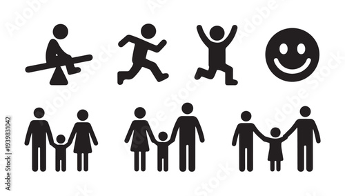 Playful stick figures and family icons vector illustration on white background