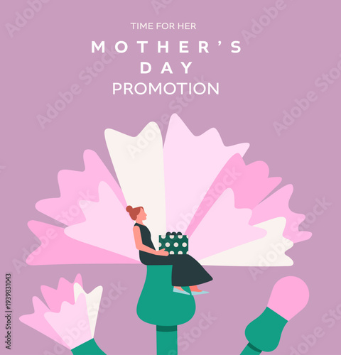 Mother's Day celebration with tiny woman and pink carnation