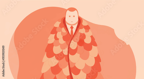 Business man covered in colorful scales, feeling overwhelmed or protected, abstract concept illustration