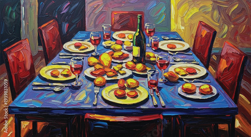 Colorful Abstract Dinner Table with Wine and Food Plates Expressionist Oil Painting