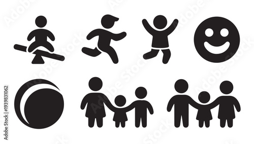 Children and family vector icon set with a seesaw, ball, happy face, and family groups