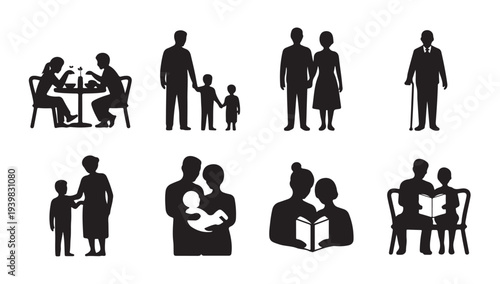 Family life and activities icons showing different relationships and generational connections