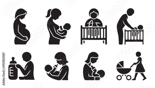 Baby care icons depicting pregnancy feeding sleeping and stroller use by parents