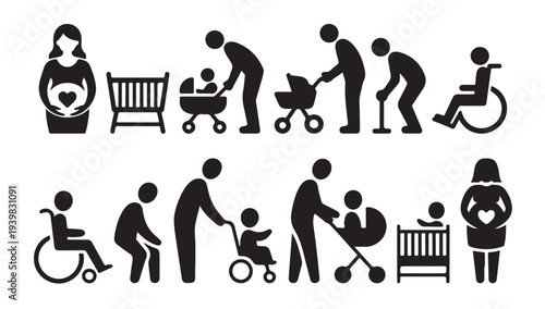 Life stages and accessibility icons pregnancy baby care elderly and disabled people