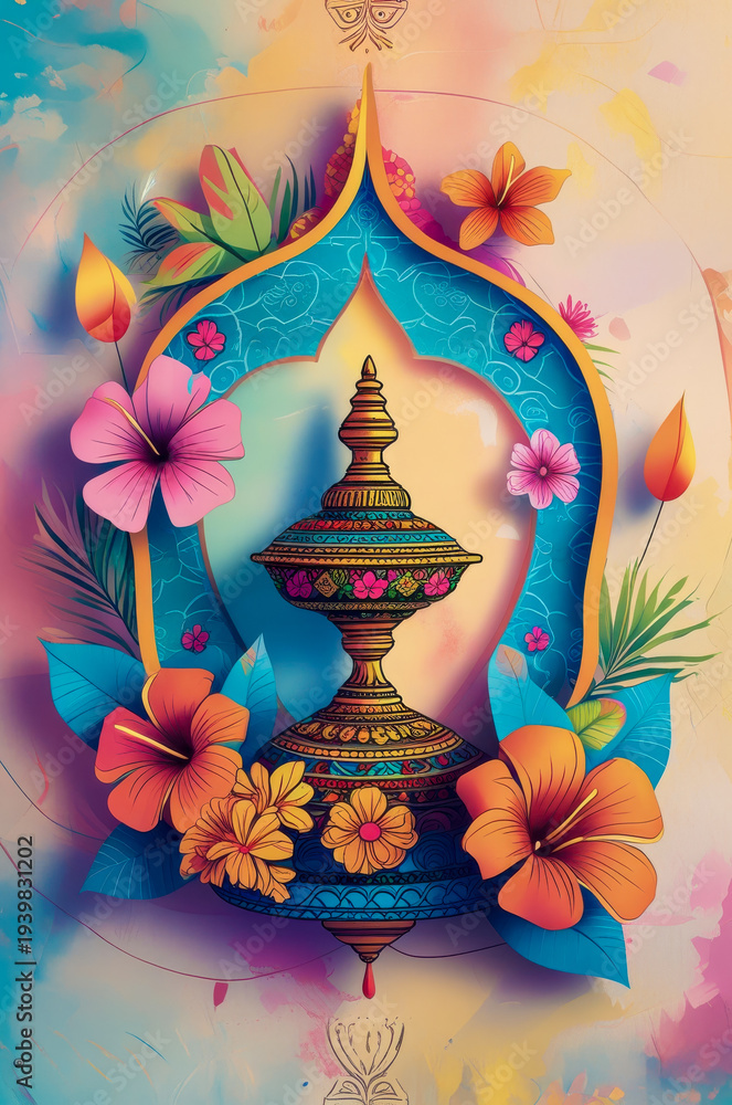 Naklejka premium Traditional Indian New Year Vishu festival in Kerala, symbols of Hindu holiday festive AI Generative