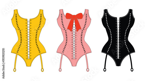 Three digitally illustrated women's corsets in yellow, pink, and black, with front lacing and garter straps