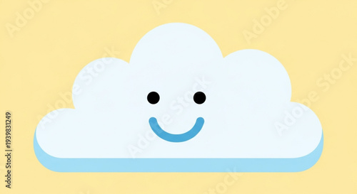 Smiling white cloud icon with blue shadow on yellow background happy face expression simple design friendly atmosphere digital illustration