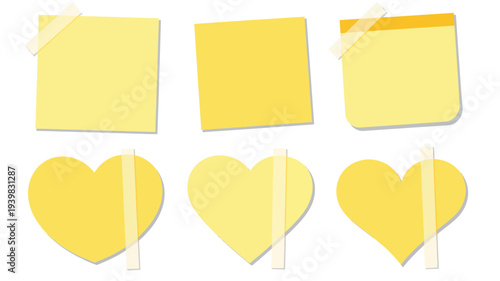 Digital illustration of bright yellow sticky notes in square and heart shapes, affixed with clear tape. Ideal for messages, reminders, and organizational graphics