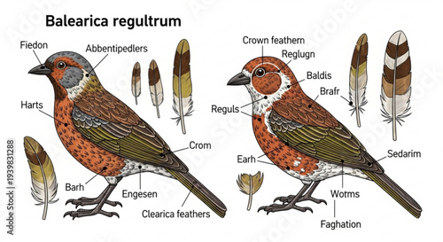 Detailed illustration of balearica regultrum birds with labeled anatomical parts on white background showcasing feathers beak and legs