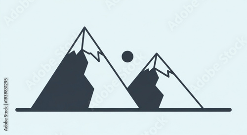 Minimalist mountain landscape with two peaks and sun at dawn or dusk in simple graphic style
