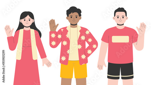 A vibrant digital illustration featuring three diverse individuals waving friendly greetings against a clean white background, perfect for diverse representation and communication themes