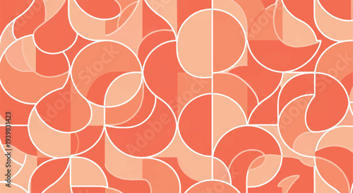 Seamless abstract geometric pattern with coral and peach circles, semicircles, and quarter-circles, creating a modern, elegant mosaic background design.