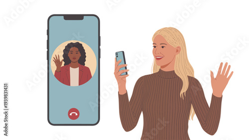 A vibrant digital illustration showcasing two smiling women making a joyful connection through a smartphone video call, emphasizing modern remote communication and virtual interaction