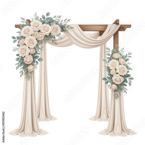 Elegant floral wedding arch with draped fabric and white roses, perfect for a romantic ceremony backdrop illustration