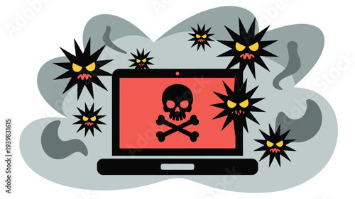 Digital illustration Laptop with skull on screen, aggressive viruses, smoke. Represents cybersecurity threat, malware, data breach