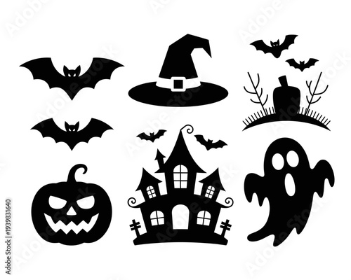 Halloween icons set with witch hat and haunted house.
