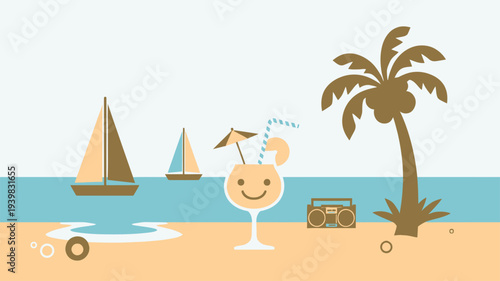 Beach scene palm tree sailboats cocktail boombox