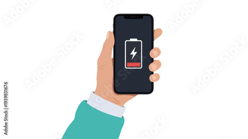 Hand holding a smartphone with a low battery icon prominently displayed on its digital screen, indicating critical power and the urgent need for charging