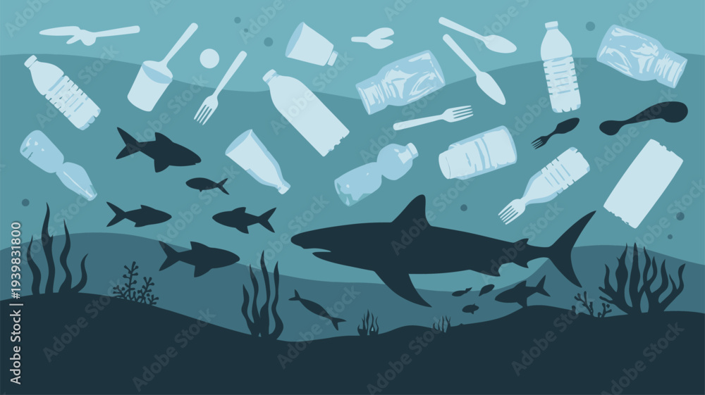 Obraz premium Marine life shark plastic waste problem illustration