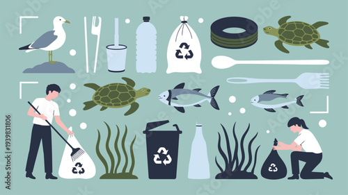 Marine pollution cleanup conservation graphic elements set
