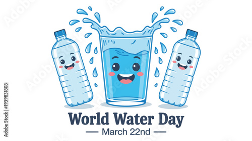 A cute cartoon illustration of a happy splashing water glass with two smiling bottled water characters, emphasizing clean hydration and water conservation
