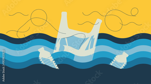 Marine pollution plastic waste flat illustration