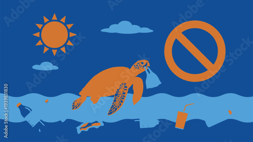 Ocean plastic pollution, sea turtle, no symbol, flat illustration