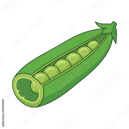 A vibrant green cartoon illustration of a pea pod, partially open to reveal a row of round, bright green peas inside. Isolated on a white background.