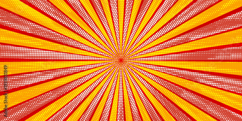 Retro red background with vintage circus sunburst. Psychedelic colorful swirl poster, abstract pattern in 70s carnival style. Hypnotic sunburst vector illustration.