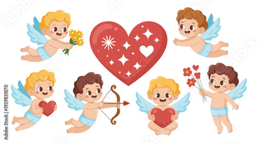 Charming collection of playful cartoon Cupids and cherubs, joyfully celebrating love with hearts, flowers, and a bow, perfect for Valentine's Day designs