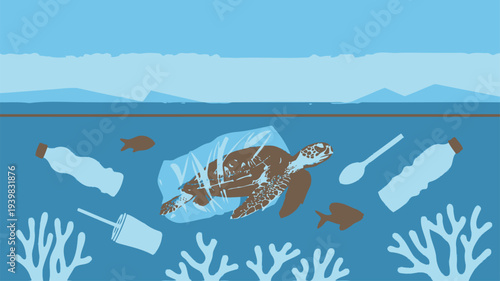 Ocean pollution sea turtle trapped plastic bag debris vector
