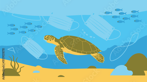 Ocean pollution disposable mask flat illustration