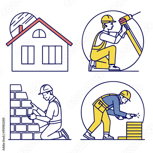 Construction workers building and repairing a house with various tools