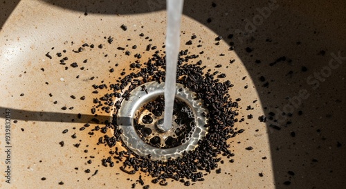 Close-up of coffee grounds clogging a sink drain with running water, highlighting a common household problem and cleaning challenge