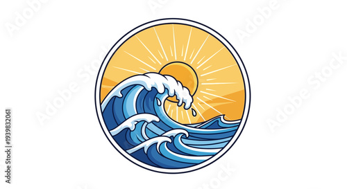 Stylized ocean wave illustration with sunburst in circular frame.