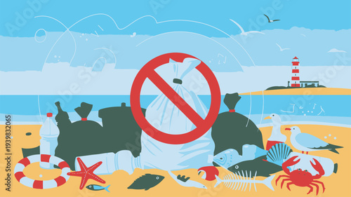 Polluted beach with no littering symbol and ocean waste