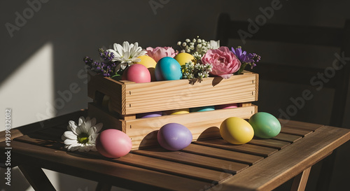 Easter eggs and flowers in a wooden crate on a table