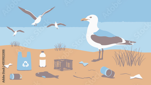 Polluted beach, seagull, trash illustration