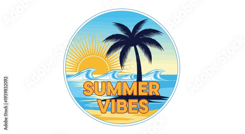 Summer Vibes Tropical Beach Scene with Palm Tree and Sun.